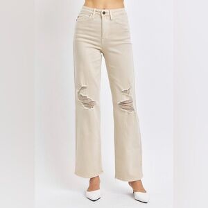 Judy Blue Cream High Waist Distressed Wide Leg Jeans Plus Size